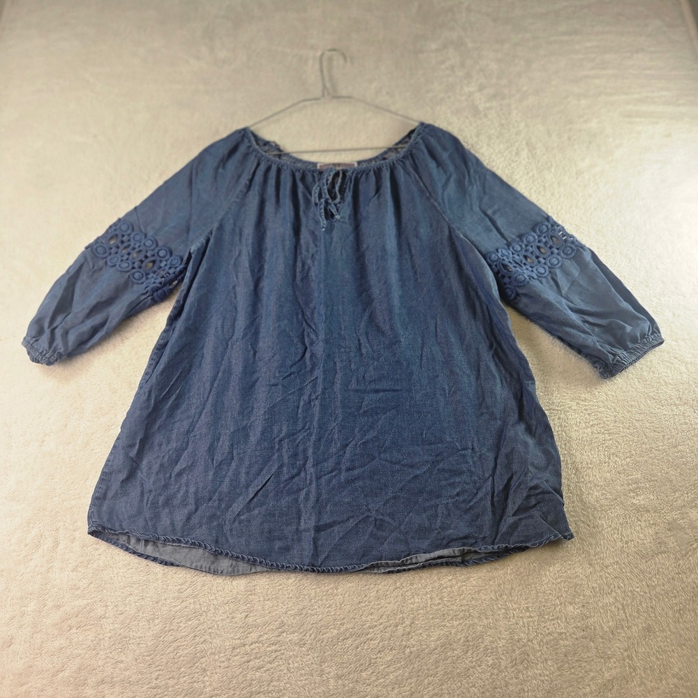 BY DESIGN Blue Lyocell Chambray Peasant Blouse Crochet Lace 3/4 Sleeve Small